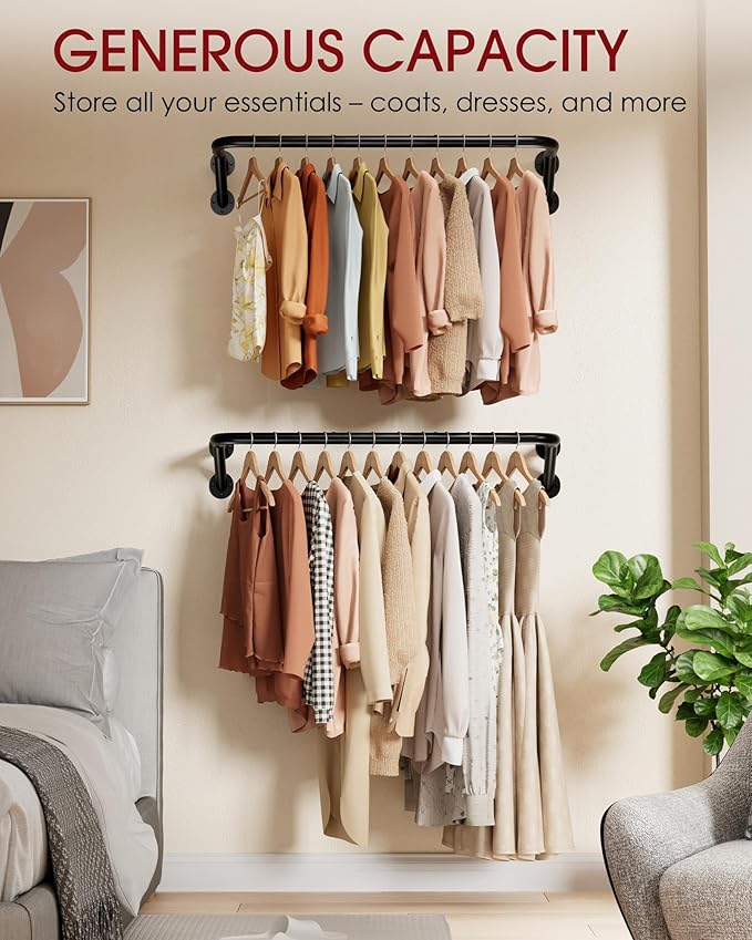 Pipe Clothing Rack - 37.5" Clothing Racks for Hanging Clothes with Dual Flange Base, Multifunctional Wall Mounted Clothes Rack for Bedroom, Entryway, Balcony, Black, 2-Pack