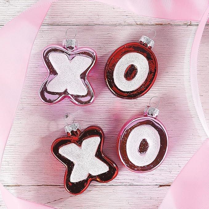 Lillian Vernon XOXO Valentines Ornaments -, 12-Piece Set, Blown Glass, Handcrafted Hanging Tree Decorations, Valentine's Day Holiday & Party Decor, Red & Pink Design