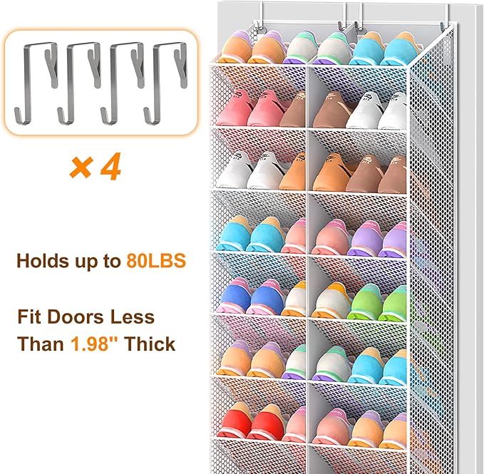 30 Pairs Over the Door Shoe Organizer, Breathable Mesh Pocket Hanging Shoe Storage for Closet, 10-Tier Door Shoes Rack, Handing Shoes Holder Fit All the Family's Sneakers, Boots, Heels, Light Grey