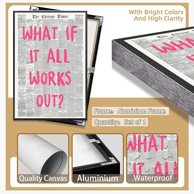 What If It All Works Out Poster Retro Newspaper Pink Font Canvas Wall Art Positive Affirming Quote Minimalist Prints Painting For Home Bedroom Dorm Wall Decor 16x24in Framed
