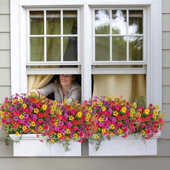 24 Bundles Artificial Flowers,Faux Plants for Spring Summer Decoration, UV Resistant Colorful Violets Eucalyptus for Outside Home Planter Porch Patio Yard Decor