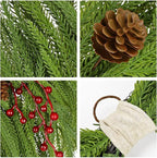 Artificial Christmas Swags with Norfolk Pine, Red Berries and Pinecones, 24" Christmas Thanksgiving Decorations for Front Door, Mantel, Staircase, Window, Xmas Décor