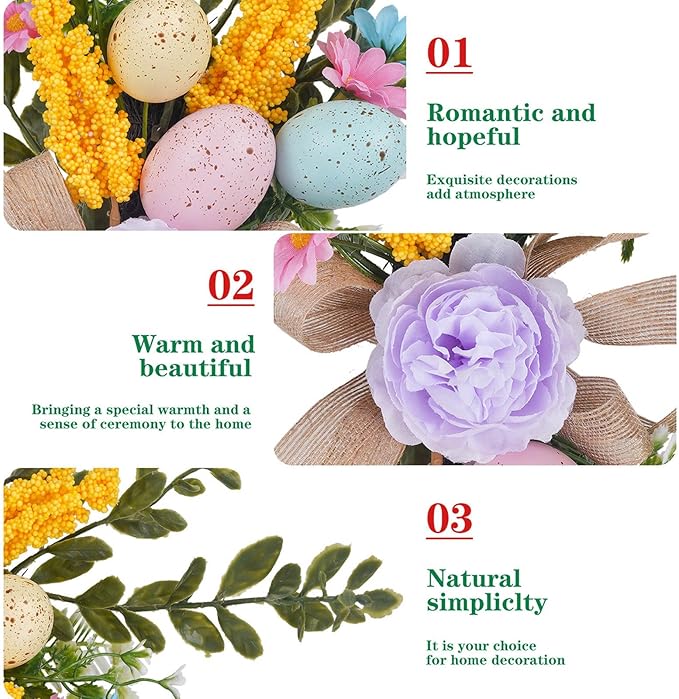 Easter Teardrop Swags 15.74inch Artificial Speckled Eggs Stairway Swag Decorated with Blooming Peonies, Colorful Daisies and Linen Bows Greenery Spring Floral Hanging Swags for Staircase