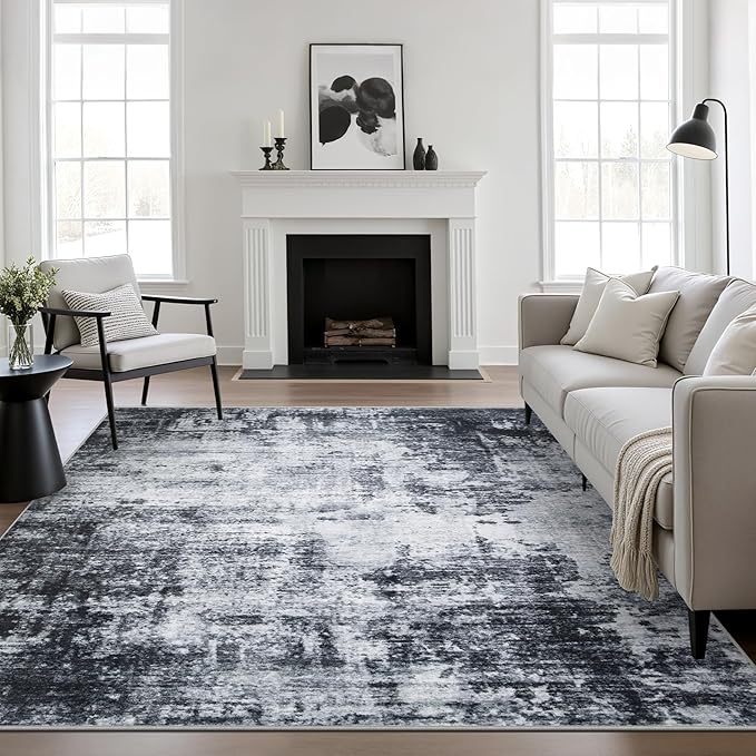 5x5 Area Rug Living Room Rug: Washable Modern Abstract Soft Thin Rug Indoor Floor No Slip Stain Resistant Carpet for Bedroom Dining Room Farmhouse Nursery Home Office - Dark Black