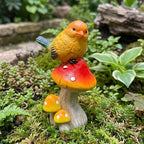 Birds Mushroom Resin Statue - Bird Stand on Mushroom Garden Decor Bright Yellow Small Bird Sculpture Figurine for Indoor Home Shelf Outdoor Backyard Yard Porch Patio Lawn Decorations