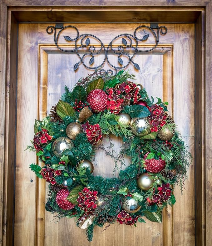 [Front Door WREATH HANGER] - Ivy Design | ADJUSTABLE Hook Length for Tall and Small Doors | PADDING to Prevent Damage like Scratch and Dents | Heavy Duty Cast Iron Metal Hangar - (Brown)