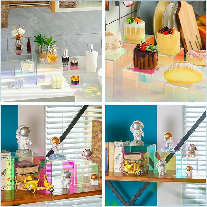 Chuangdi 2 Sets Acrylic Display Risers, Product Stand, Jewelry Display Riser Shelf Showcase Fixtures for Dessert Cupcake Candy Figure Treat Action Showcase(Rainbow Color,Medium Set)