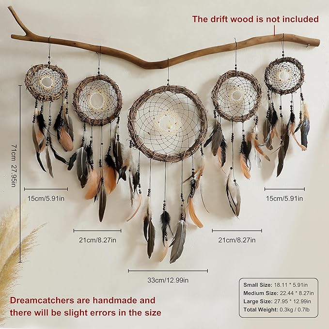 5 Pack Boho Dream Catcher Native American Wall Art Set, Handmade Natural Rattan Feathers Large Dreamcatcher Rustic Hanging Ornament Indian Wall Decor for Bedroom Adult