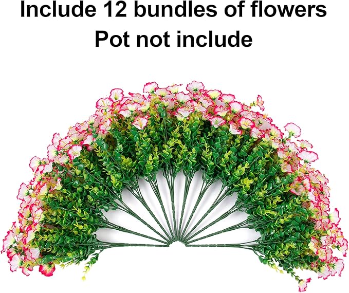 Artificial Fake Spring Outdoor Plants Flowers, 12 Bundles Outside Faux Silk Pink Morning Glory with Eucalyptus Realistic UV Resistant for Planter Pot Porch Garden Yard Patio Balcony Home Decoration