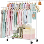 Abiglifty Double Rods Clothes Rack for Hanging Clothes, Clothing Rack with Wheels, Portable Closet Organizer for Laundry, Room (White)