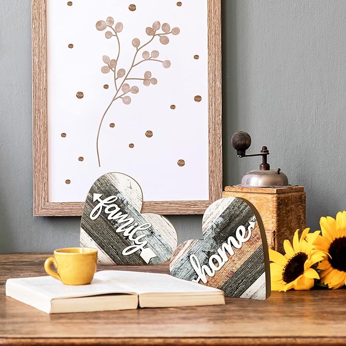 Jetec 2 Pcs Rustic Decorations for Living Room Home Shelf Mantel Entryway Table, Farmhouse Knick Knacks Christian Table Centerpiece Wooden Heart Decor for Dining Room Housewarming Gift(Simple Style)