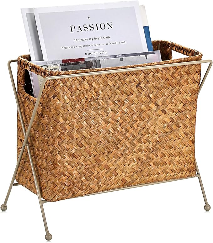 BTSKY Handwoven Magazine Holder, Natural Seagrass Magazine Basket with Metal Rack, Mail Holder Floor Organizer for Office, Living Room, Dorm, Bathroom, Woven Rattan File Basket with Handle(Caramel)