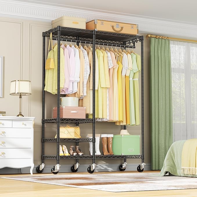 Ulif F4R Heavy Duty Clothes Rack（With Lockable Wheels ） Rolling Clothing Racks for Hanging Clothes，Adjustable Closet Organizer System，Portable Garment Rack 45"W x 15.8"D x 73.5"H，Max Load 650LBS，Black