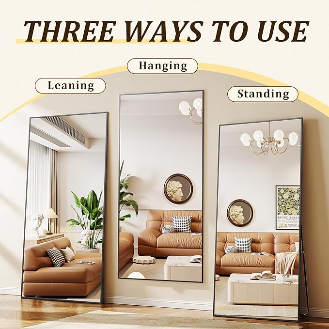 BEAUTYPEAK 86"x40" Rectangle Full Body Floor Mirrors, Full Length Mirror with Stand, Large Black Mirror for Bedroom, Dressing Room, Leaning, Standing or Hanging Horizontally/Vertically