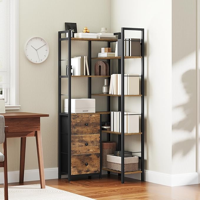 YATINEY Corner Bookshelf, 7 Tier L-Shaped Bookcase with 3 Drawers, Storage Corner Shelf, Freestanding Tall Display Shelf, Industrial Style, for Living Room, Home Office, Rustic Brown and Black SJ10BR
