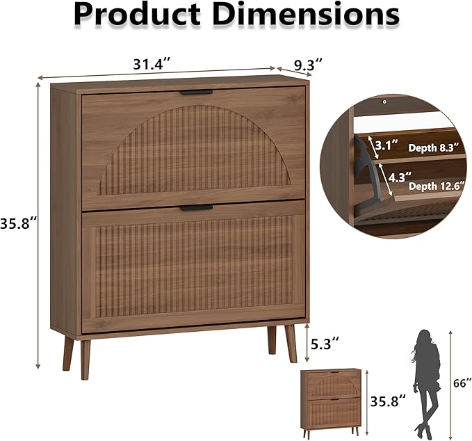 Shoe Cabinet for Entryway with 2 Flip Drawers, Slim Wooden Shoe Storage Organizer with Modern Fluted Pannel，Freestanding Narrow Hidden Shoe Rack for Hallway, Foyer, Living Room