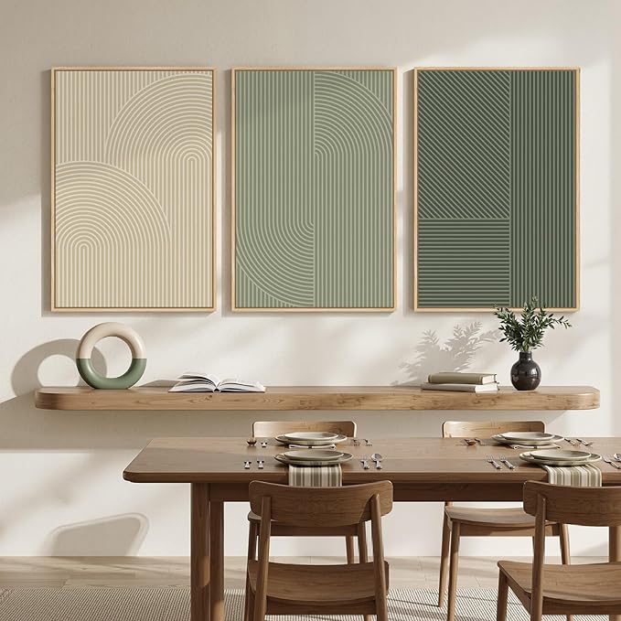 Large Framed Green and Neutral Beige Abstract Wall Art for Living Room, 3 Piece Modern Canvas Prints Paintings, Minimalist Geometric Line Pictures for Hallway Dining Bedroom Office Wall Decor 24x36 In