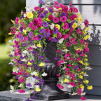 Artificial Hanging Petunias Flowers for Outdoor, 8pcs Fake Plants Long Vine Morning Glory Eucalyptus, UV Resistant Realistic Faux Greenery Outside Patio Porch Garden Spring Summer Decor, Mix Color