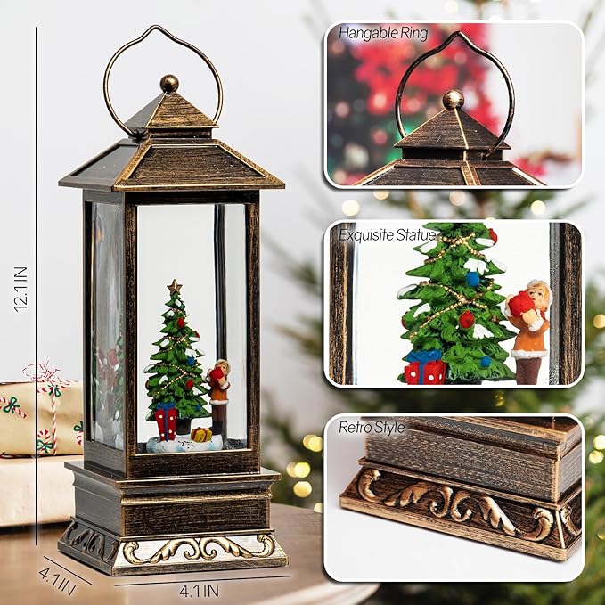 12" Christmas Snow Globe Lantern with Christmas Tree and Gift - Water Swirling Glitter LED Light Lantern with Music - Vintage Xmas Gifts - USB Plug or Battery Operated Home Decor (Christmas tree Gift)