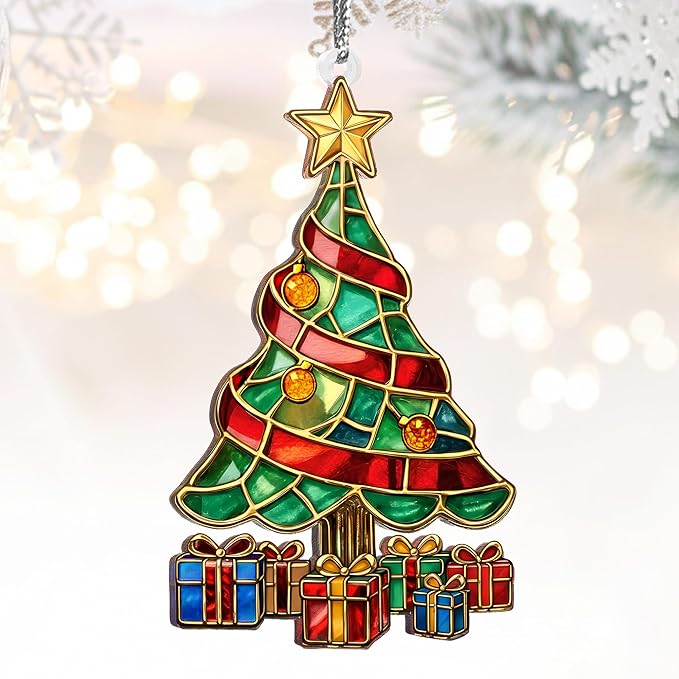 2025 Christmas Ornaments, Christmas Tree Ornaments Acrylic, Faux Stained Glass Effect White Elephant Gifts Exchange, Unique Suncatcher Xmas Stocking Stuffers for Women, Men (Gift Tree)