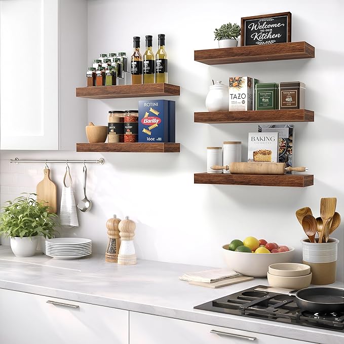Sorbus Floating Shelves for Wall – 16 Inch Floating Shelf for Kitchen, Bedroom, Living Room, Bathroom, Home & Wall Decor - Mounted Bathroom Shelves with Invisible Brackets (Walnut, 4 Pack)