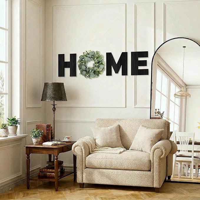 Pinkpum Wood Home Sign with Artificial Eucalyptus Wreath for O, Hanging Farmhouse Wall House Decor Wood Letters for Wall Art Rustic Home Decor, Wall Decor for Living Room Kitchen Entryway (Black)