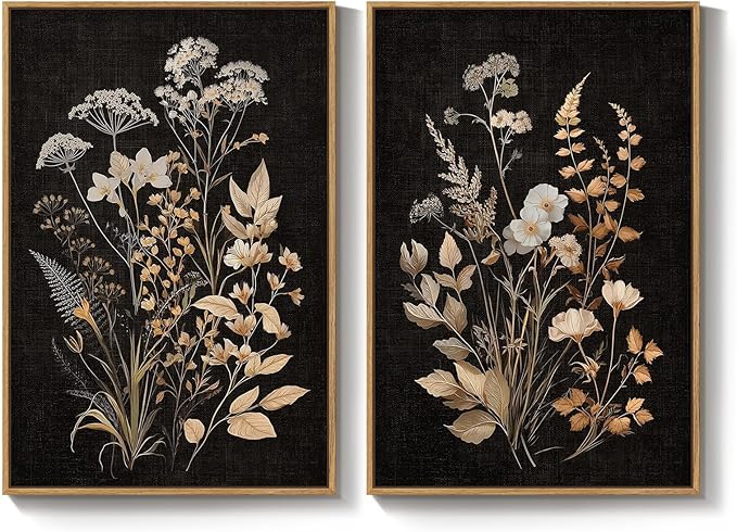 Large Framed Vintage Botanical Wall Art Set of 2, Neutral Farmhouse Moody Floral Canvas Painting Prints, Rustic Dark Academia Flower Pictures for Living Room Bedroom Kitchen Wall Decor, 24x36 Inch