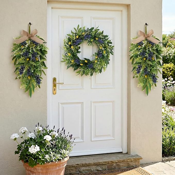 3 PCS Artificial Green Eucalyptus Olives Wreaths for Front Door Spring Summer Greenery Teardrop Swag with Eucalyptus Leaves Boxwood Mixed Berry for Indoor Outdoor Farmhouse Home Festival Wedding Decor
