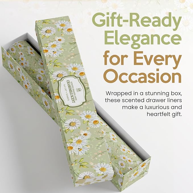 Chamomile Scented Drawer Liners for Dresser Drawers (10 Large Sheets, 19.7" x 14.4") - Non Adhesive Drawer Paper Liner for Bedroom Dresser & Closet Shelves by Linda’s Essentials