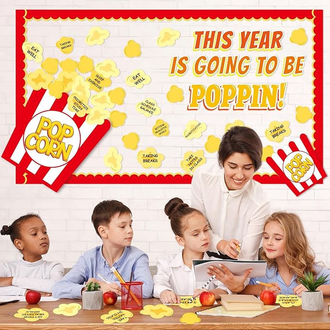 Popcorn Bulletin Board for Classroom Decorations Happy New Year Classroom Bulletin Board Set DIY Crafts Movie Themed Paper Cutouts for Students Wall Popcorn Holiday Celebration Party Supplies Decor