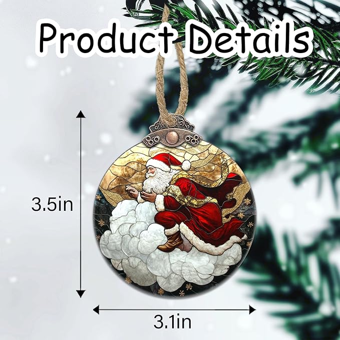 DASTOLL Stained Glass Christmas Decorations, Santa Claus Riding A Cloud Suncatcher for Window Christmas Tree Hanging Ornaments Gold Star Sun Catcher Xmas Decor Gifts for Women Men Mom Nana Friend