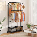 MOYIPIN Double Rods Clothing Rack with Wheels,Clothing Organizer for Hanging Clothes Coat Scarves Bags,Multi-functional Bedroom Garment Rack,4 Hooks,Black