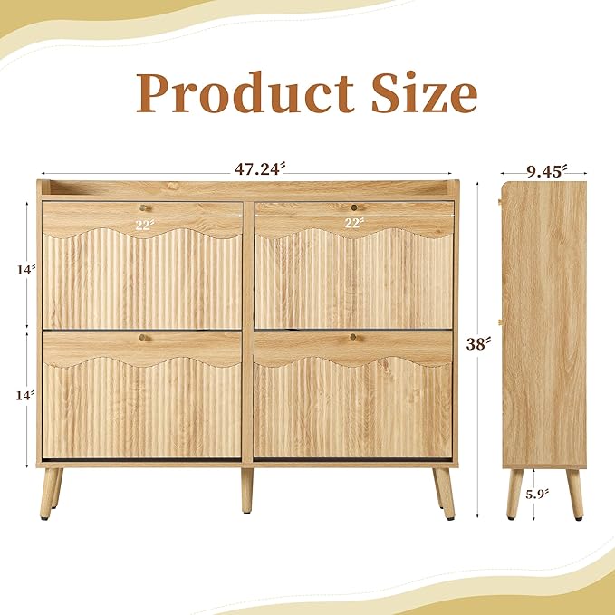 BERRYMERRY 47.2” Shoe Storage Cabinet for Entryway with 4 Flip Drawers, Narrow Shoe Organizer with Wave&Fluted Panel, Freestanding Wood Hidden Shoe Cabinet for Hallway