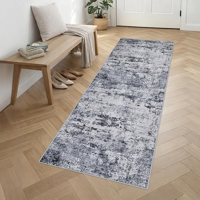 2.6'x10' Runner Rug Washable Rug: Modern Abstract Soft Thin Runner Rug Grey