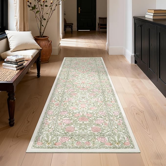 GarveeHome Pink and Green Vintage Floral 2x6 Runner Rug Washable Kitchen Rugs Non Slip Boho Long Rug for Hallways Bedroom Entryway Bathroom Mat with Rubber Back Beige