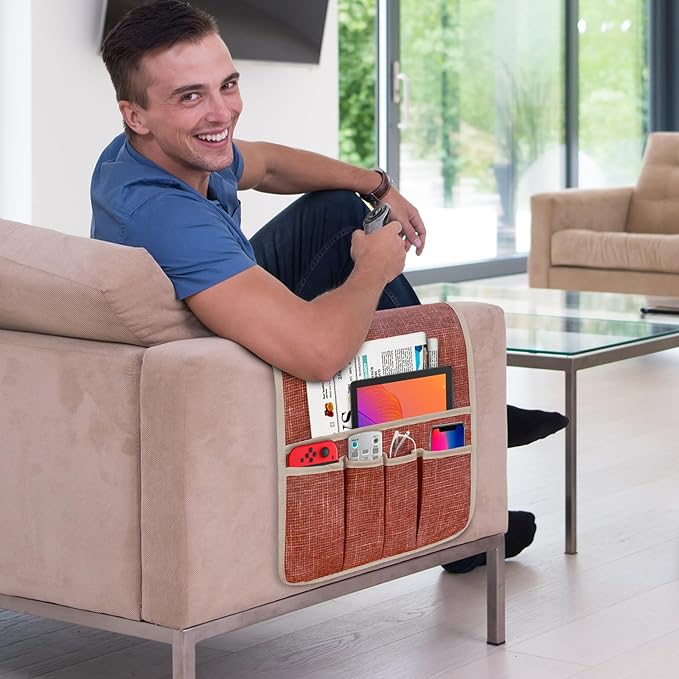 Couch Armrest Remote Control Holder, Couch Caddy Gifts for Seniors Bed Caddy Tv Remote Holder with 5 Pockets for Key Glasses Phone Magazine Holders