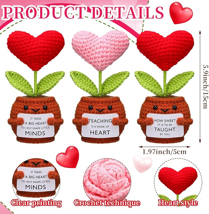 Wavwavw 3 Pack Teacher Appreciation Gift Positive Flower Handmade Crochet Doll Thank You for Helping Me Grow Gifts Back to School Gifts for Women Teacher(Heart)