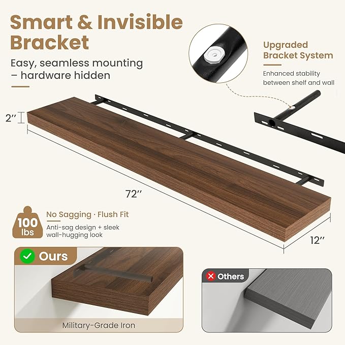 FLYJOE 72 Inch Long Floating Shelves for Wall Set of 1, 12" D Wood Grain Bathroom Shelves with Invisible Brackets, Easy Install Engineered Wood Storage Shelves for Kitchen, Living Room, Bedroom