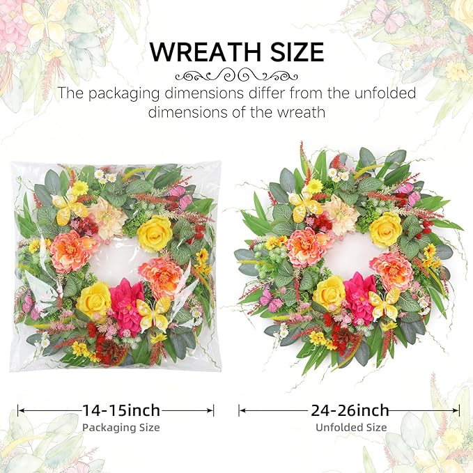 ChrisXiao Spring Wreaths for Front Door 24 Inch Artificial Butterfly Wreath with Butterfly, Peony, Dahlia,for Porch, Entryway, Mantel, Wall, Patio & Decor Year Round Indoor Outdoor for Summer Wreath