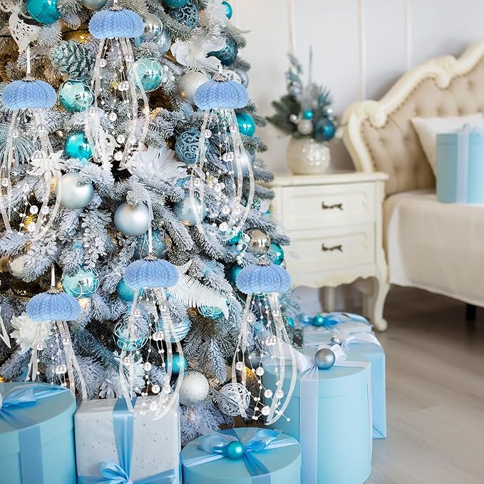 Namalu 6 Pcs Sea Urchin Jellyfish Christmas Ornament Coastal Beaded Beach Theme Holiday Decor Ocean Inspired Hanging Jellyfish Decoration with Crystal and Ribbon (Pearl Blue)