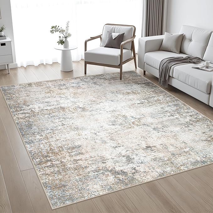 5x5 Area Rug Living Room Rug: Washable Modern Abstract Soft Thin Rug Indoor Floor No Slip Stain Resistant Carpet for Bedroom Dining Room Farmhouse Nursery Home Office - Brown Grey