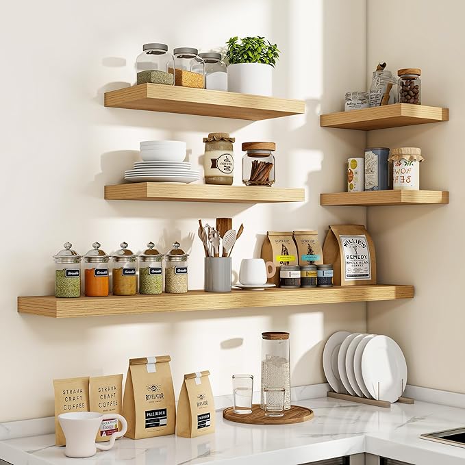 Acovy 48 Inch Floating Shelves, 3D Textured Wood Grain, 48"x9.25"x1.5" Inch Deep Floating Shelves for Wall, Wooden Shelves for Bathroom, Bedroom, Living Room, Natural, 1 Piece
