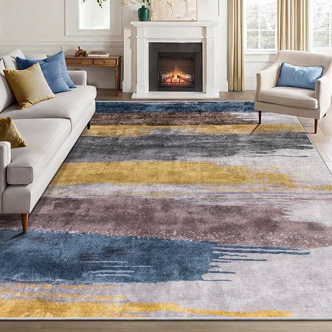 Ciicool Modern Abstract Yellow Blue Rug for Living Room, 6'x9' Machine Washable Area Rug Non-Slip Rug, Low-Pile Contemporary Indoor Dining Floor Carpet for Bedroom Office Under Table Home Decor