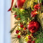 24" Pre-lit Decorative Teardrop Swag, Battery Operated Christmas Swag with Fairy Lights, Red Bowknot & Baubles, Pine Cones, Red Berries, Green Leaves Holly, Spruce Branches, Pine Needles