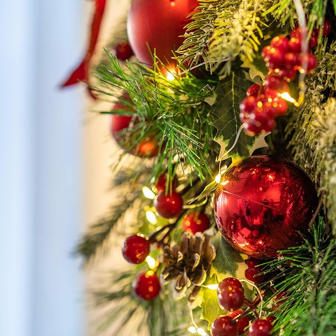 24" Pre-lit Decorative Teardrop Swag, Battery Operated Christmas Swag with Fairy Lights, Red Bowknot & Baubles, Pine Cones, Red Berries, Green Leaves Holly, Spruce Branches, Pine Needles