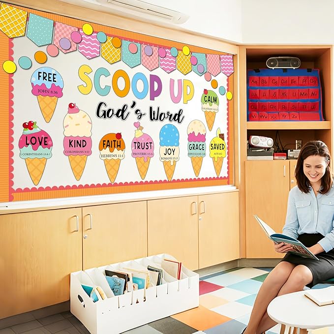 Summer Christian Bulletin Board Decorations Set Bible Verse Inspirational Jesus Classroom Decoration Summer Ice Cream Religious Paper Cutouts for Sunday School Church VBS Home Chalkboard Wall Decor