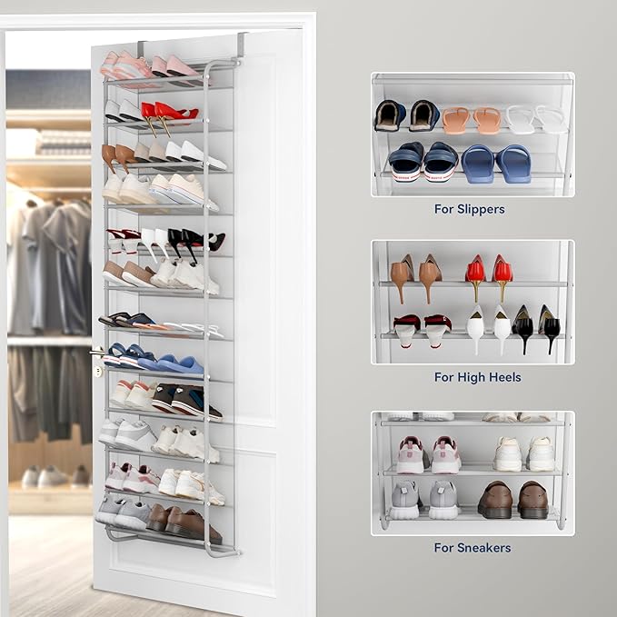 Whitmor 36 Pair Over The Door Shoe Organizer, 12 Tier Hanging Shoe Organizer, Heavy Duty Metal & Mesh Shoe Holder, Hanging Shoe Rack for Closet Organizer & Storage, 69"L x 21.7"W x 7.5"H, Grey