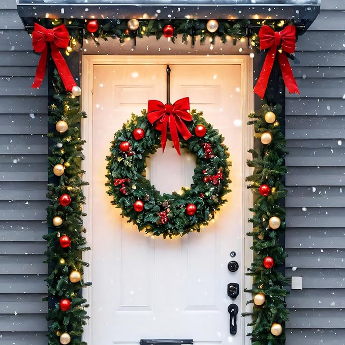 Moxweyeni Front Door Garland Hanger, Adjustable Width 31.5"-94.5", Stainless Steel Christmas Decoration Holder Garland Hanger for Door Frame Doorway Wreath Lights Outdoor, No Screws or Nails