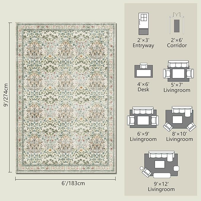 Washable Area Rug 6x9 - Oriental Vintage Dining Room Rug for Living Room, Bedroom, Kids Playroom & Baby Nursery - Low Pile, Non-Slip, Lightweight & Stain Resistant