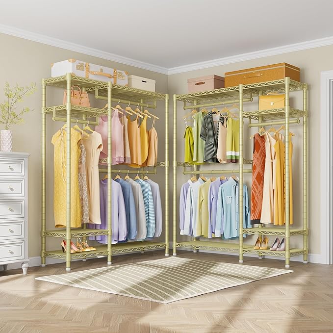 VIPEK V2 Heavy Duty Clothes Rack 4 Tiers Wire Shelving Garment Racks with 3 Hanging Rods Compact Freestanding Closet Metal Closet Rack, Max Load 700LBS, Gold